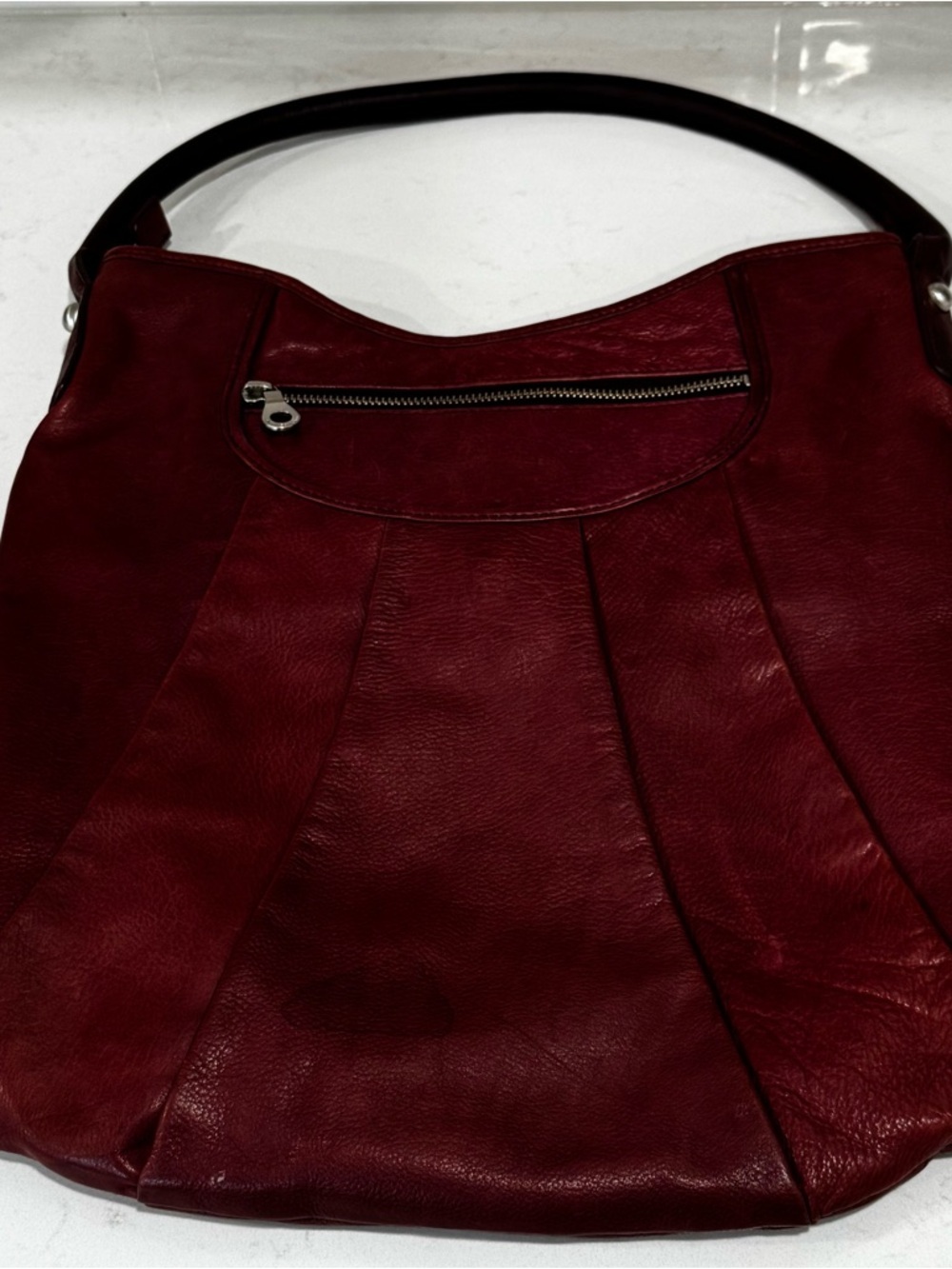 Christopher Kon Maroon Leather Hobo Bag - Pleated Slouchy Shoulder Purse - Picture 3 of 15